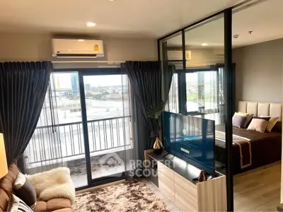 Modern apartment with spacious living room and bedroom, featuring large windows and a balcony with city views.