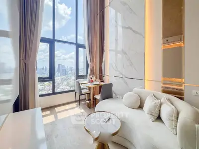 Luxurious high-rise living room with stunning city view and elegant modern decor.