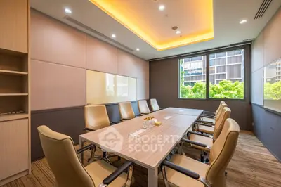 Modern conference room with sleek design and large windows offering natural light.