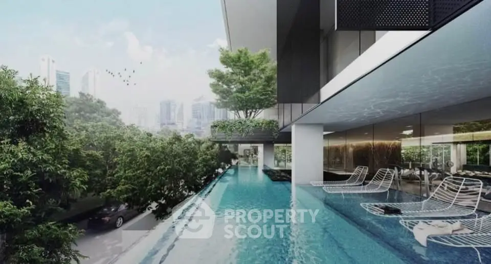 Luxurious rooftop pool with city skyline view and modern design.
