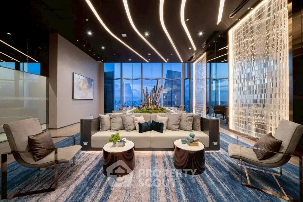 Luxurious modern living room with panoramic city views and stylish decor