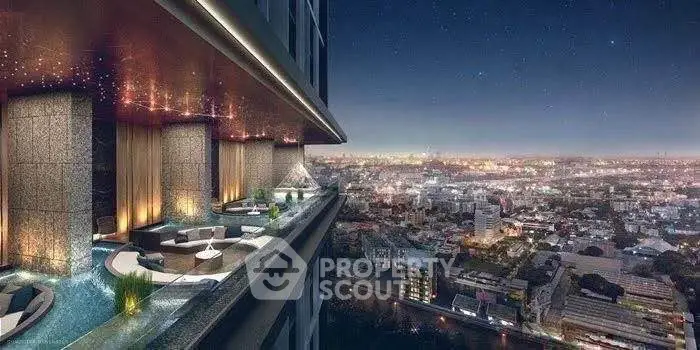 Luxurious rooftop view with cityscape at night, featuring elegant outdoor seating and ambient lighting.
