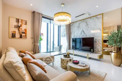 Luxurious modern living room with elegant decor and large TV