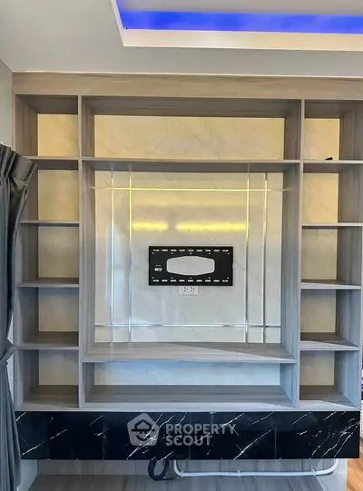 Modern living room with stylish built-in shelving and TV mount