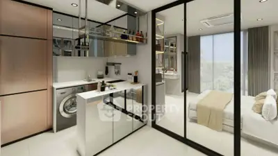 Modern studio apartment with sleek kitchen and cozy bedroom