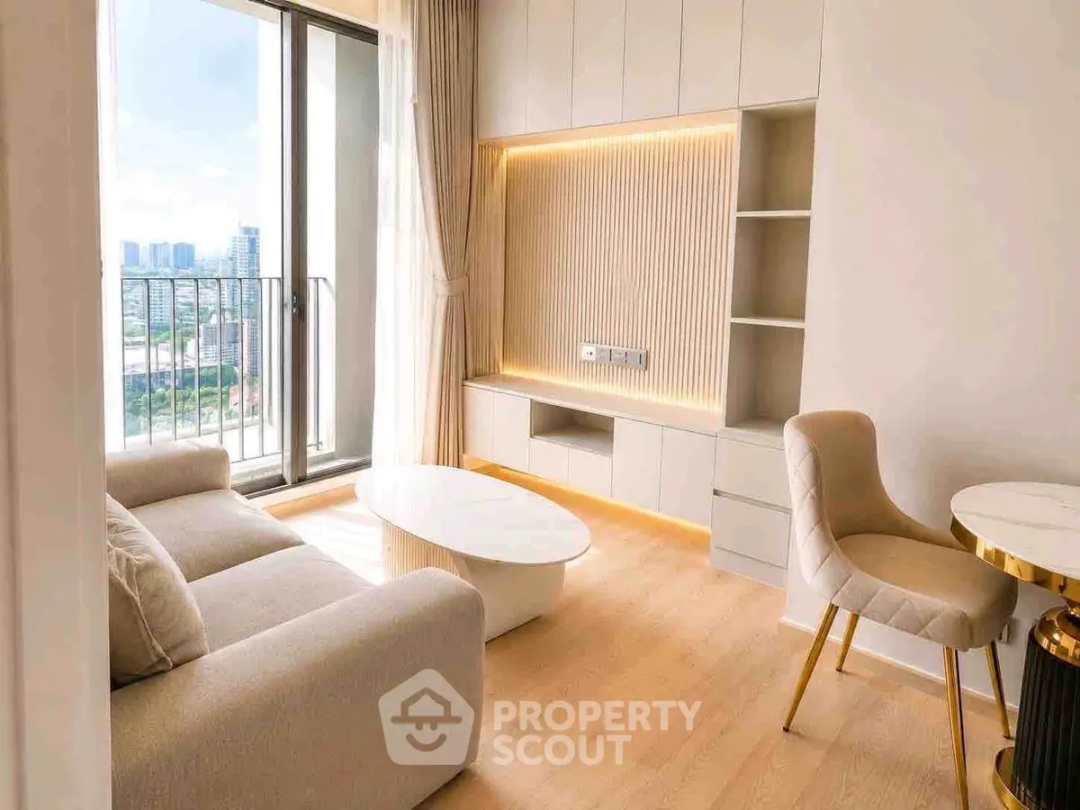 Modern living room with elegant furniture and city view balcony in luxury apartment.