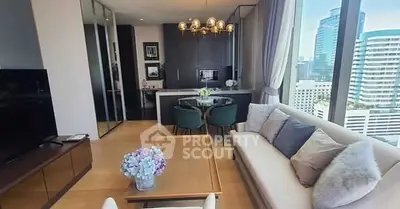 Modern living room with city view, elegant decor, and stylish furniture