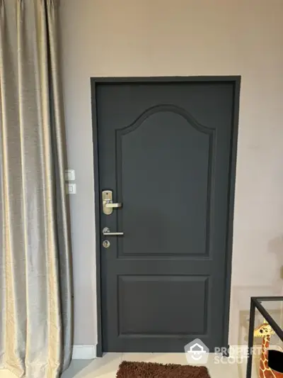 Elegant interior door with modern handle and curtain, stylish home design feature.