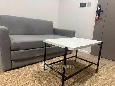 Cozy living room with modern gray sofa and sleek coffee table on woven rug.