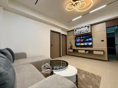 Modern living room with stylish lighting and sleek entertainment center