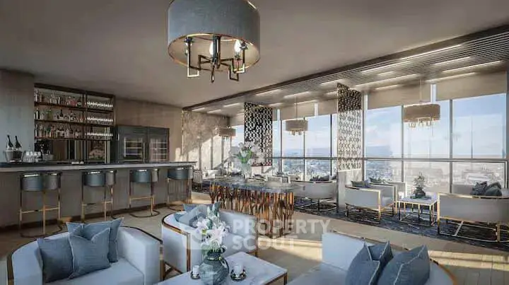 Luxurious modern living room with panoramic city views and elegant decor