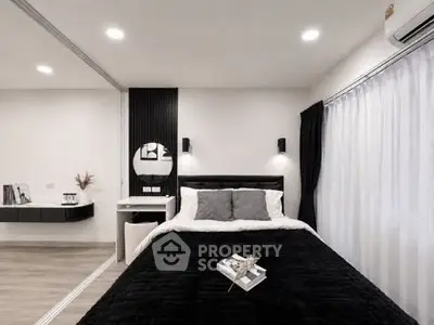 Modern bedroom with sleek design, featuring a cozy bed, stylish decor, and ambient lighting for a luxurious feel.