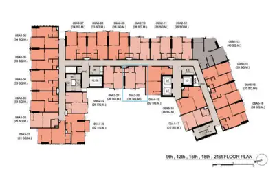 Detailed floor plan of a modern apartment building with multiple units and efficient layout.