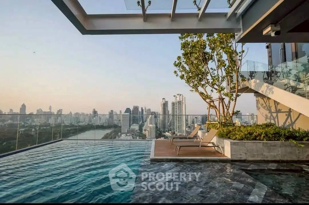 Luxurious rooftop pool with stunning city skyline view at sunset.