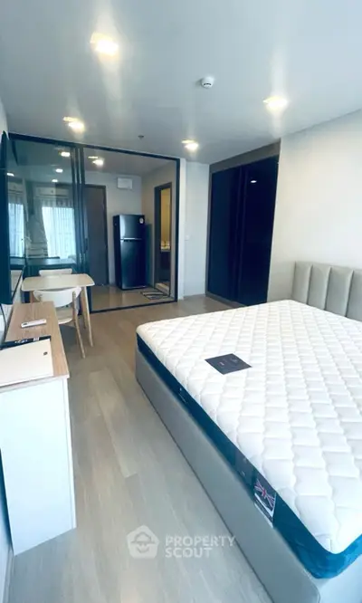 Modern bedroom with sleek design, featuring a comfortable bed and stylish furniture in a bright, airy space.