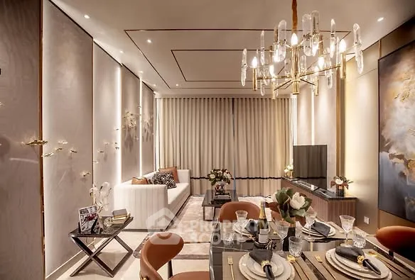 Luxurious living room with elegant decor and chandelier lighting