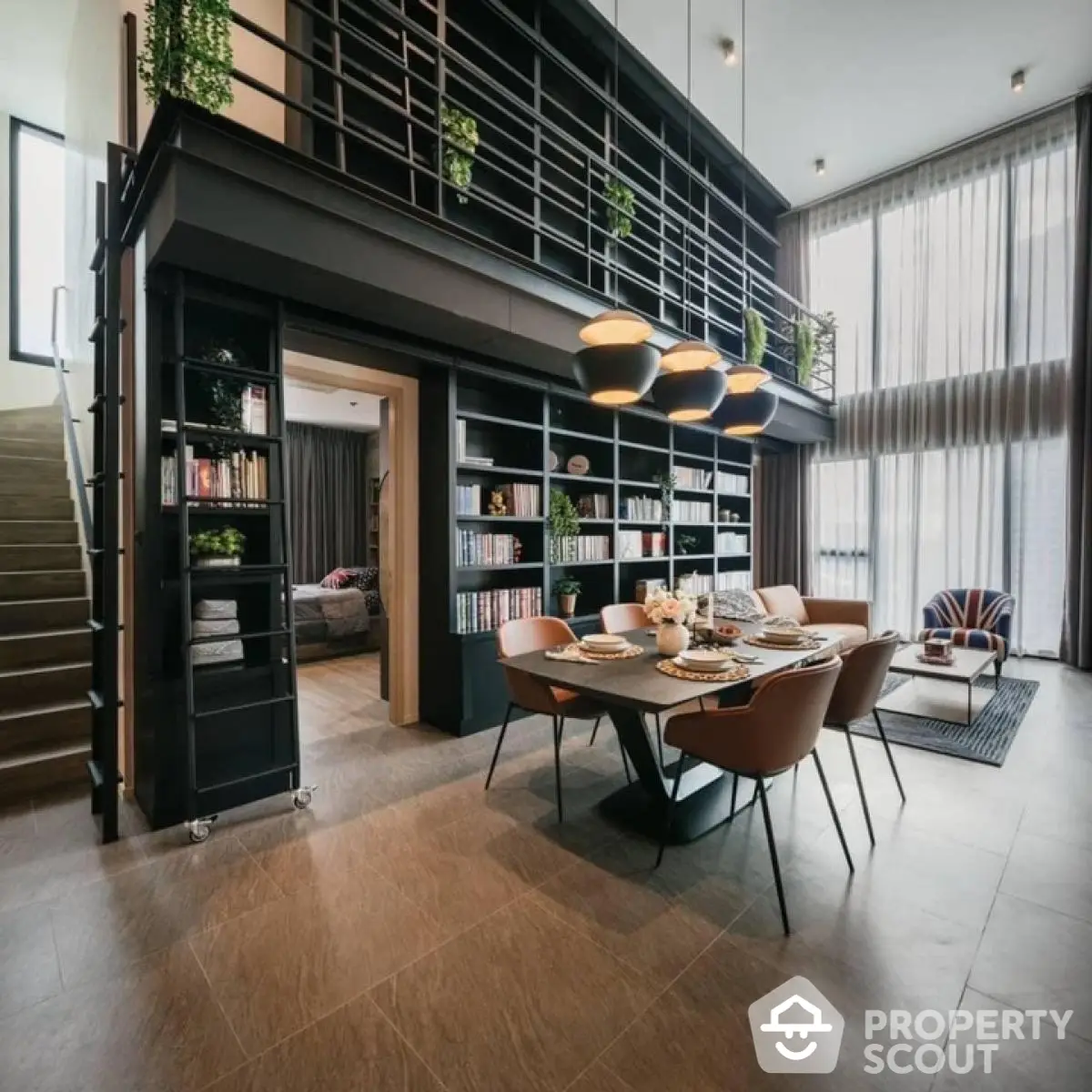 Modern dining area with high ceilings and stylish decor