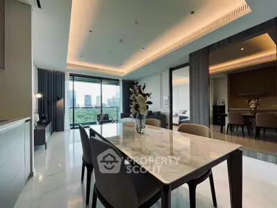 Luxurious modern dining area with marble table and city view, perfect for elegant entertaining.
