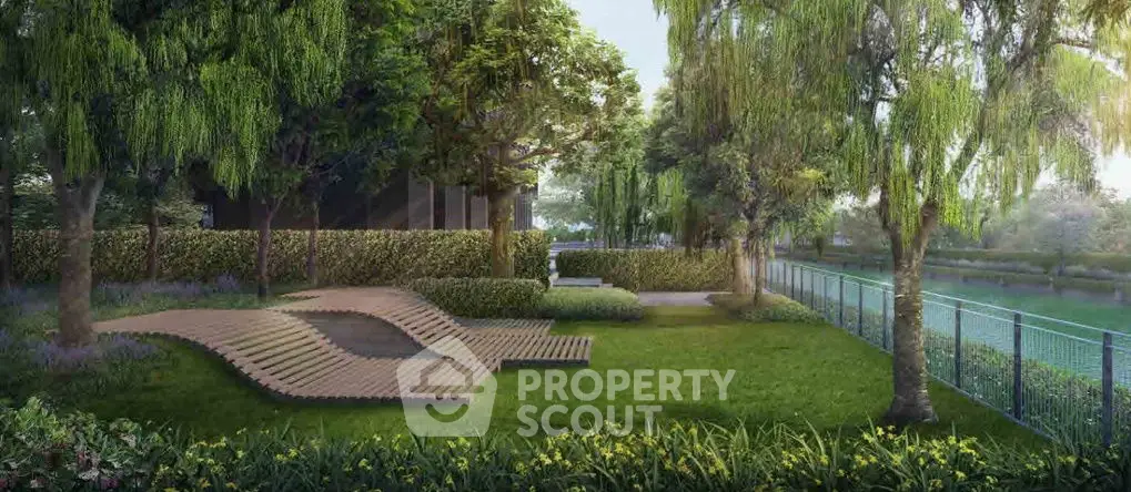 Luxurious garden area with lush greenery and modern design elements.