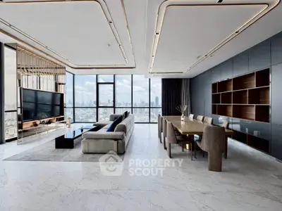 Luxurious modern living room with panoramic city views, elegant furniture, and sleek design.