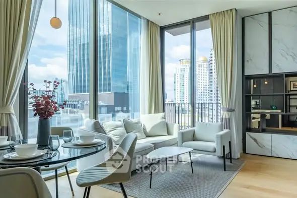 Luxurious modern living room with stunning city view and elegant decor