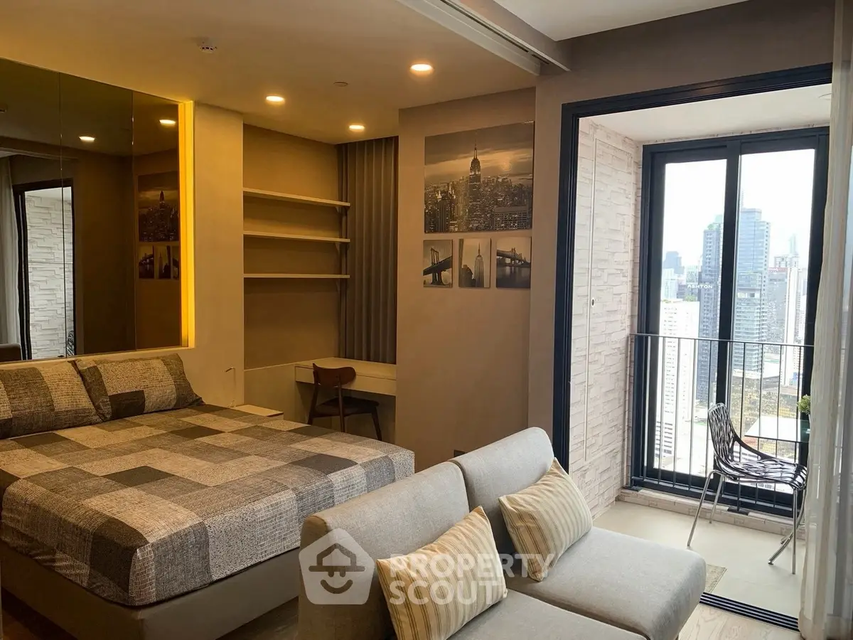 Modern bedroom with city view and balcony access in luxury apartment