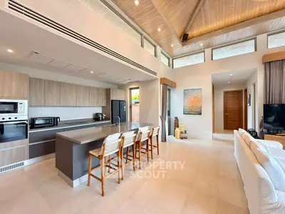 Luxurious open-plan kitchen and living area with high ceilings and modern design.