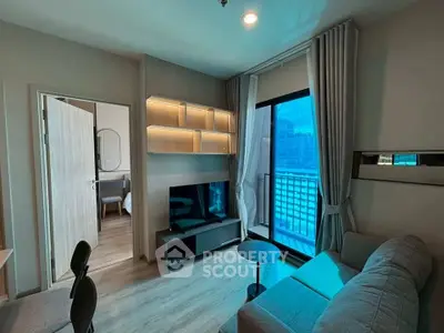 Modern living room with balcony view in stylish apartment