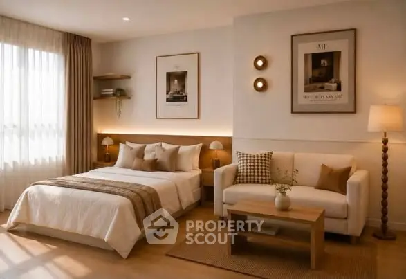 Elegant bedroom with cozy seating area and stylish decor