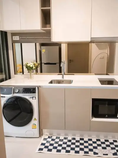 Modern kitchen with sleek appliances and washer, featuring a stylish open layout and contemporary design.