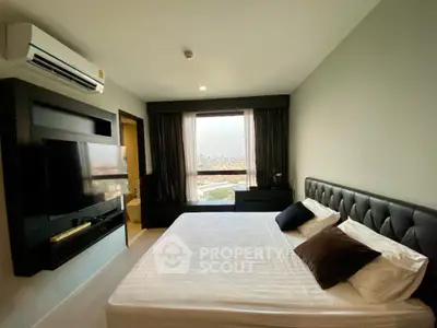 Modern bedroom with city view and stylish decor