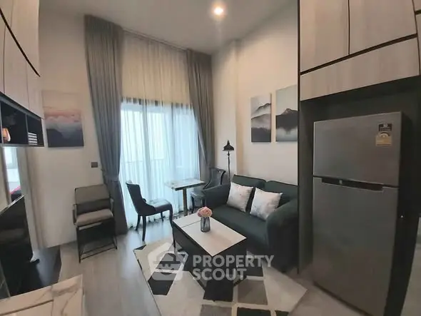 Modern living room with high ceiling and stylish decor