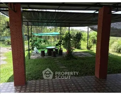 Charming garden patio with lush greenery and shaded seating area, perfect for outdoor relaxation.