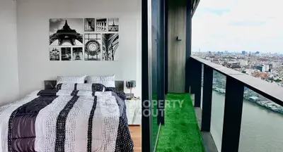 Modern bedroom with stylish decor and stunning city view from balcony.