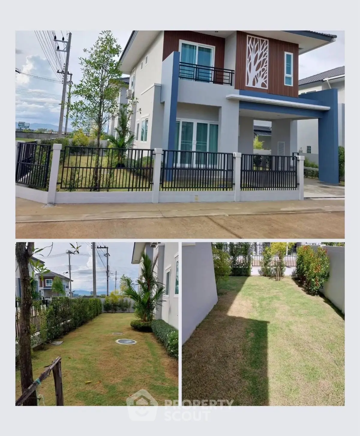 Modern two-story house with landscaped garden and spacious yard, perfect for family living.