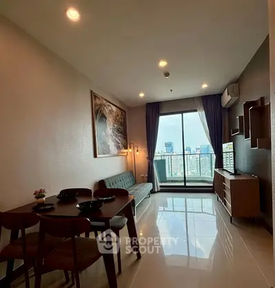 Modern living room with city view, sleek furniture, and large windows.