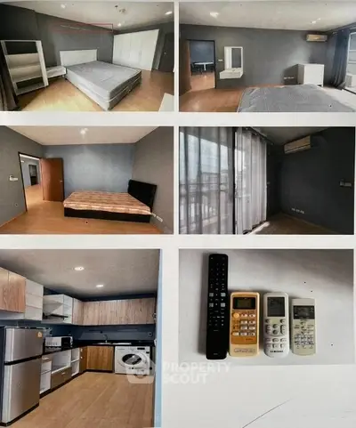 Modern apartment interior with spacious bedroom, equipped kitchen, and sleek appliances.