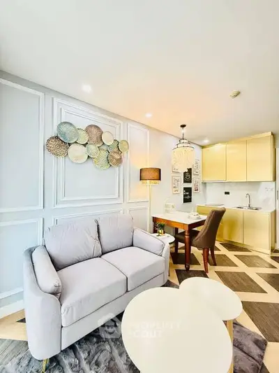 Stylish modern living room with open kitchen and elegant decor