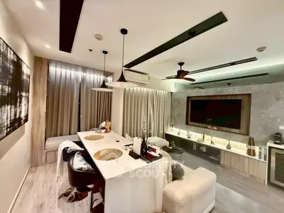 Luxurious modern living room with elegant decor and ambient lighting