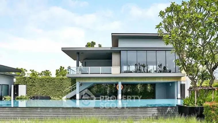 Luxurious modern villa with pool and lush garden, perfect for serene living.