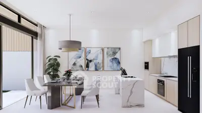 Luxurious modern kitchen with sleek design and elegant dining area