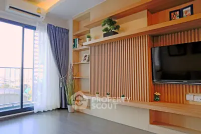 Modern living room with stylish wooden paneling and balcony view