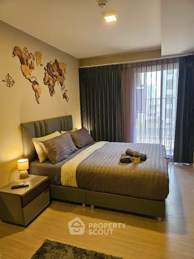 Modern bedroom with stylish decor and natural light