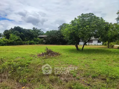 Expansive green land with lush trees and a distant building under a cloudy sky, perfect for development.