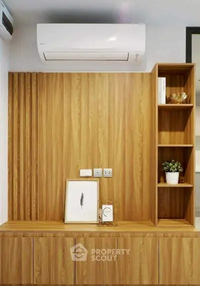 Modern interior with wood paneling and air conditioning unit