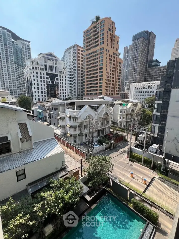Stunning cityscape view with modern high-rise buildings and a serene pool in the foreground.