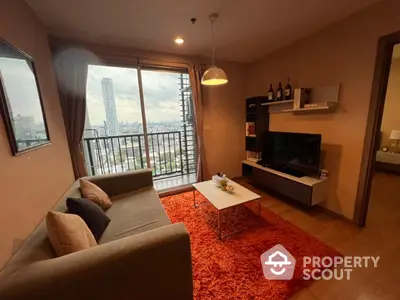 Cozy living room with modern furnishings, vibrant red rug, and a captivating city view through floor-to-ceiling windows, perfect for urban living.