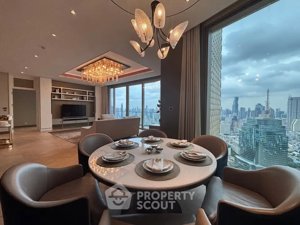 Luxurious high-rise living room with stunning city skyline view, elegant dining setup, and modern lighting.