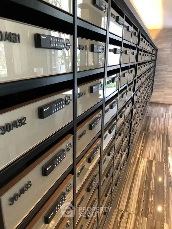 Modern apartment building mailboxes with sleek design and secure digital locks.