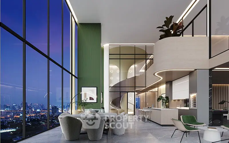 Luxurious modern living room with stunning city view and elegant interior design.